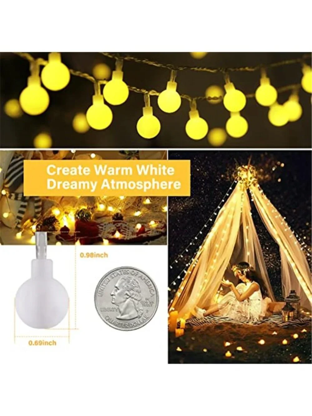 Mini Globe String Lights, 66 Ft. 200 LED Fairy String Lights Plug in, 8 Modes